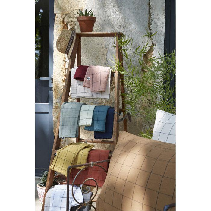 Taie d'oreiller Tissé-teint grands carreaux Déco "Gaïa Match" 60 x 60 cm &amp; 50 x 70 cm "Gaze de Coton" - Gaïa Match Eucalyptus - 50 x
