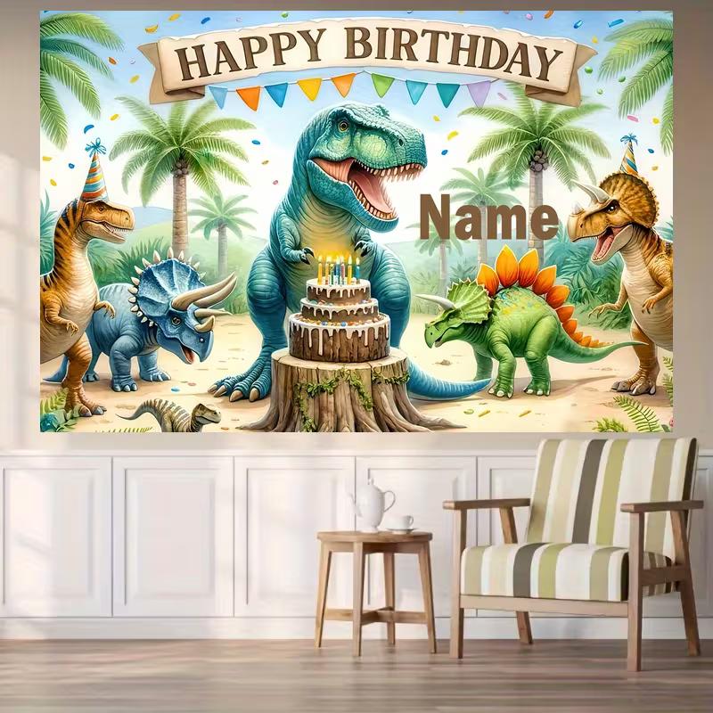 Cute Cartoon Dinosaur Birthday Backdrop, Customizable Name Tropical Jungle Party Background for Boys Room & Photoshoot