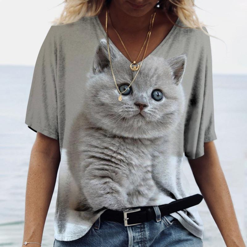 Ladies' T-shirt Cute Kitten Digital Printed Casual V-neck Short Sleeved Clothing Loose Top Shirt