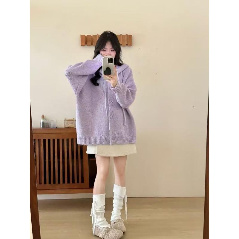 

Autumn and winter new gentle wind soft waxy hooded knitted cardigan top women s loose age-reducing sweater jacket One Size фиолетовый