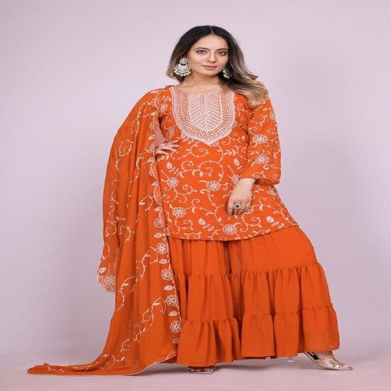 Rust Orange Embroidered Sharara Suit