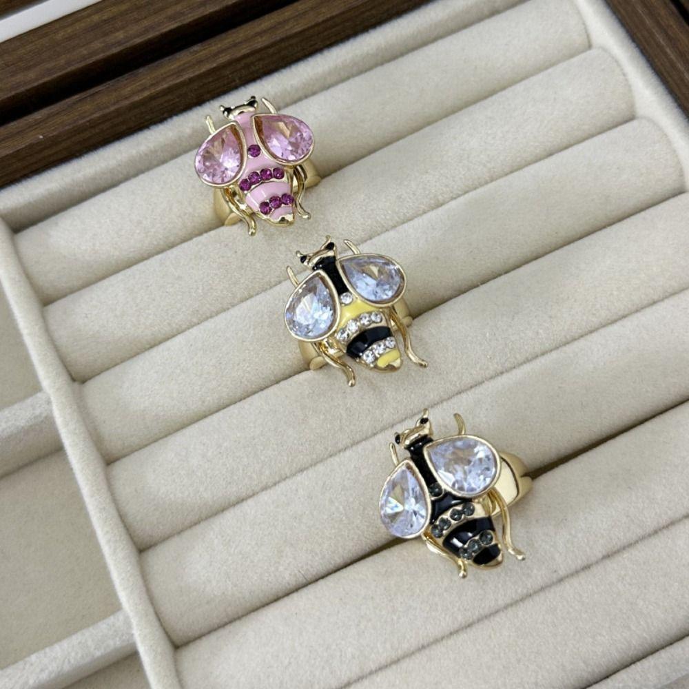 Punk Rhinestone Bee Ring Enamel Design Colorful Bee Ring Trendy Vintage Bee Ring  Casual Wear