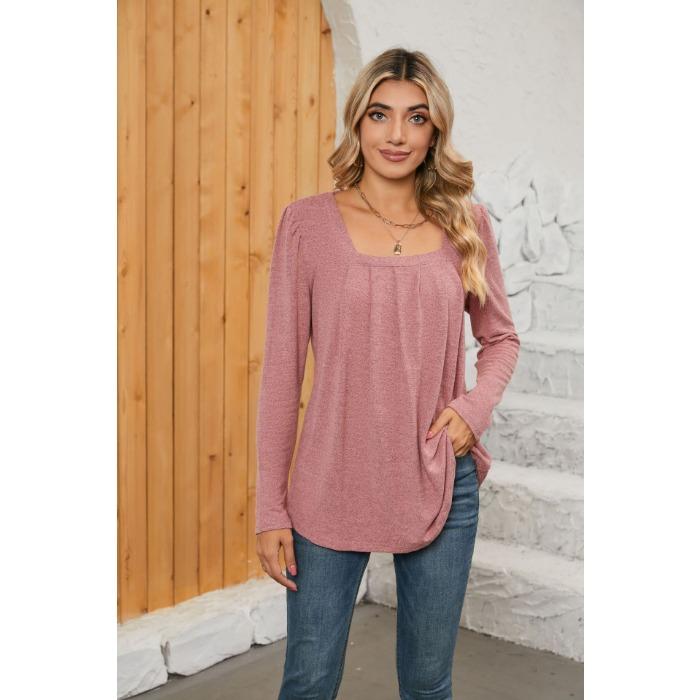 Spring and Autumn Women's Blouse Pleated Square Neck Solid Color Long Sleeve Top
