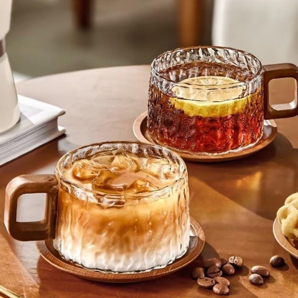 Wooden Handle Glass Tea Cups High Temperature Resistant Latte Art Cups Milk Juice Cups  Gift