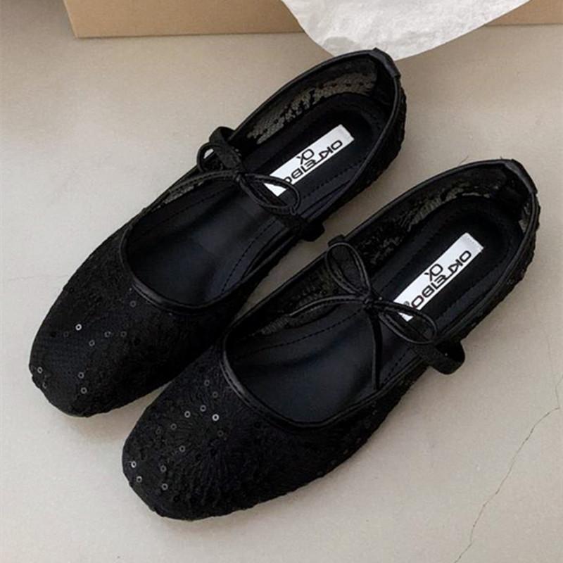 Fashion Mesh Lace Breathable Ballet Flats Women Sweet Bow Embroidered Mary Jane Shoes Summer Fashion Comfort Designer Brand Beach Sandal