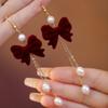 Autumn and Winter New Bow Imitation Pearl Tassel Earrings, Suitable for Women's Holiday Party Accessories and Gifts