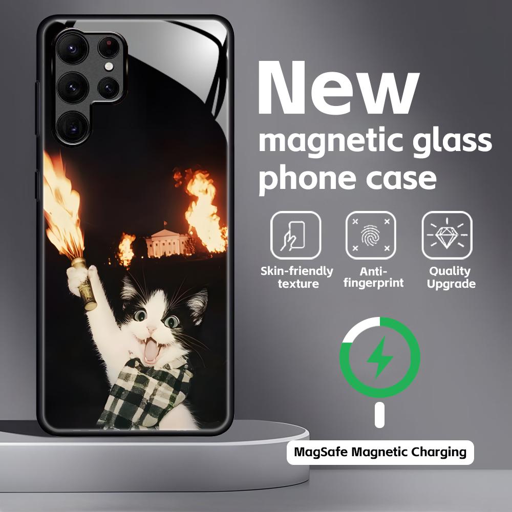 Funny Cat Memes  Phone Case For Samsung S26 S25 S24 S23 S22 S21 Plus Ultra Note20 Glass Magnetic Case Galaxy S26 Ultra