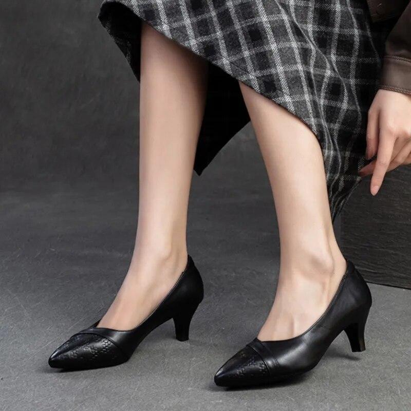 Johnature Pantofi cu toc cu varf ascutit Pantofi de dama de moda din piele naturala