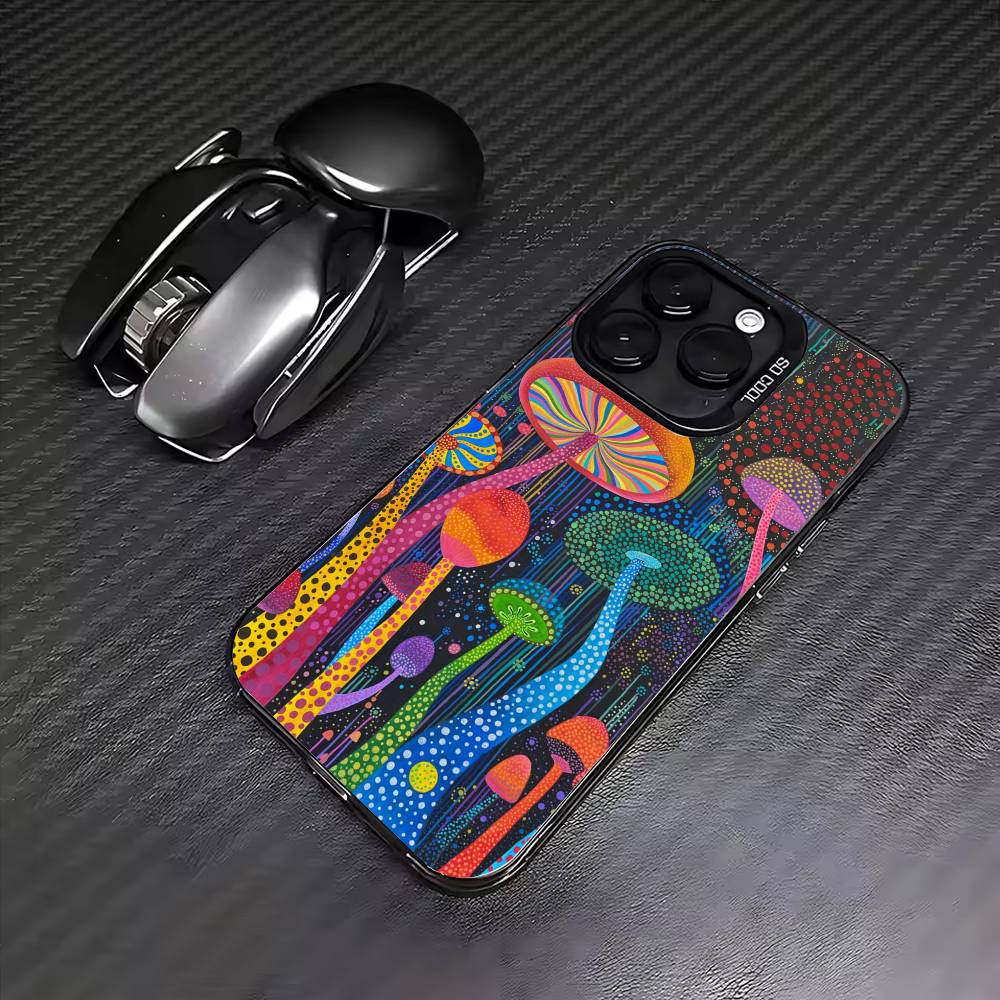 Trippy Psychedelic Mushrooms Phone Case For iPhone17,16,15,14,13,12,11 Plus,Pro Max Colored Silver Plated Inside Cover
