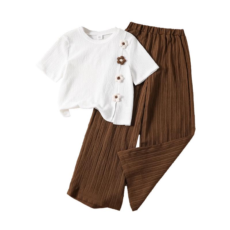 Girls' Spring/Summer 3D Flower Two-Piece Set – Sweet Korean Style Short-Sleeve Top & Long Pants