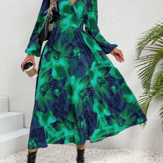 Sping Autumn Bohemian Women Maxi Dress Casual Long Sleeve High Waist V-neck Beach Woman Chiffon Dresses Floral Vestidoes Mujer
