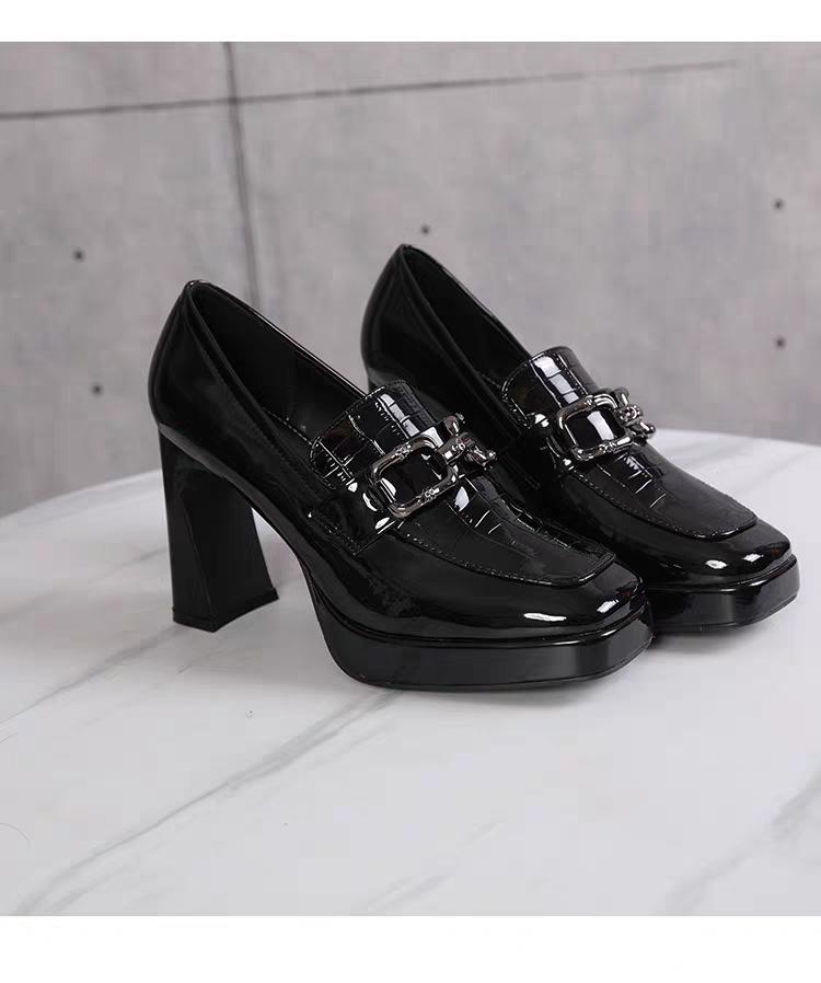 Women s Chunky Heel Metallic Platform Patent Leather High Heels for Spring/Autumn 2024 37 чёрный