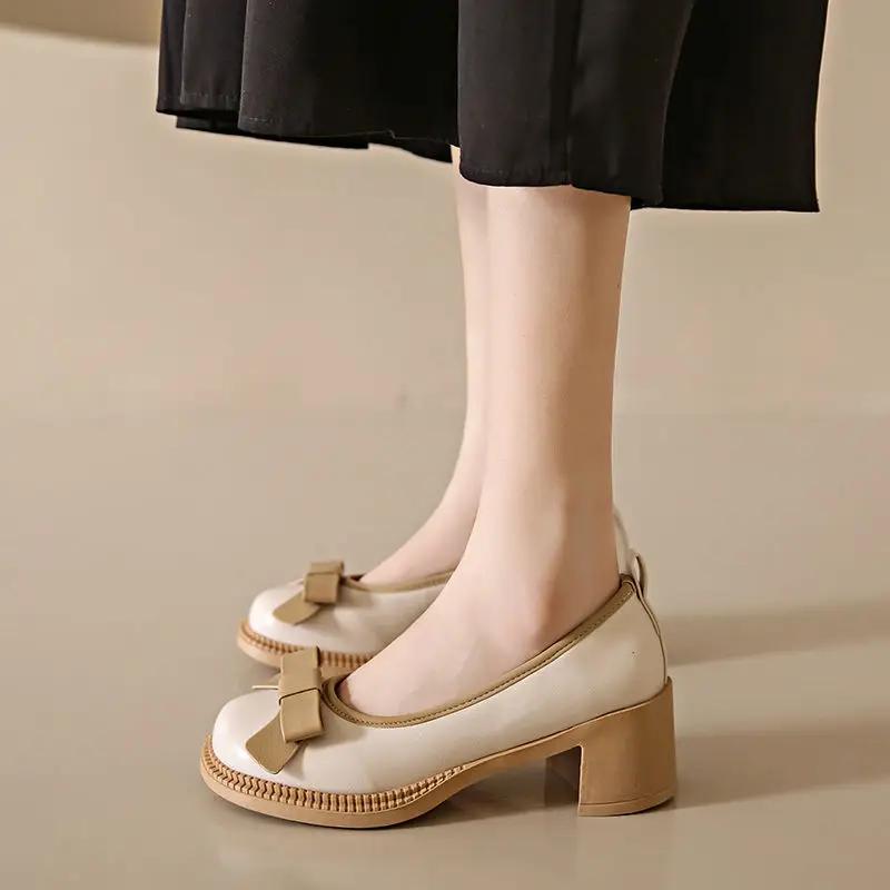 Fashion With Medium Heels Bow Round Toe Ladies Pumps Women's Shoes Chunky Block Heel Casual Y2k Vacation 2025 Trend Fashion Korean Style