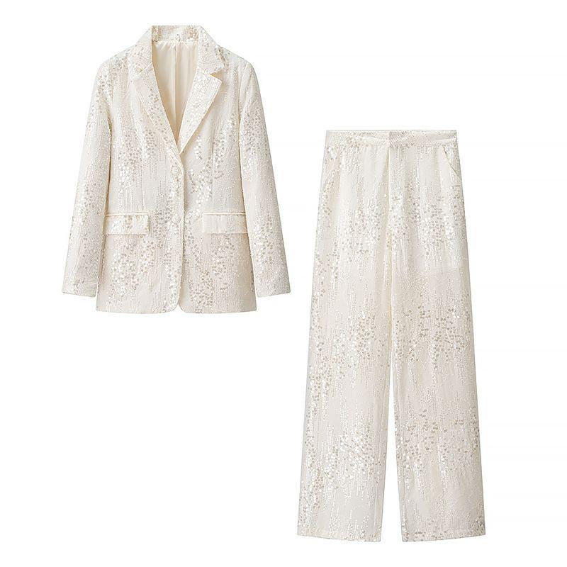 Kaslead New Women Clothes Western Style Fashion Simple Sequin Decoration Blazers Trousers Set