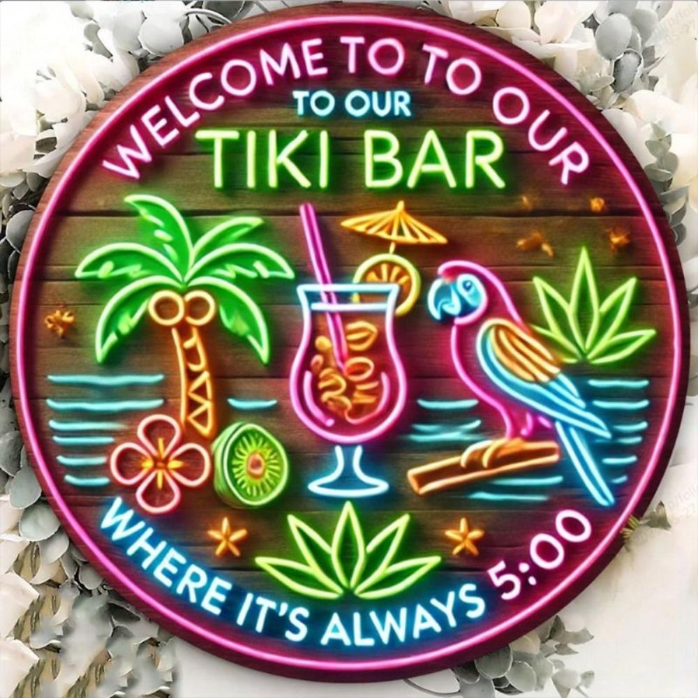 Tiki Bar Welcome Round Metal Wall Art Vintage Tin Sign Retro Pub Decor