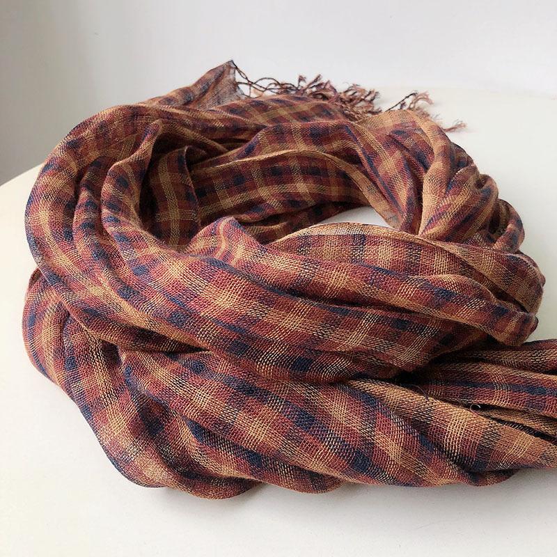 Spring And Summer New Linen Small Plaid Scarf Thin Breathable Women's Scarves Tassel Long Shawl 60x180CM