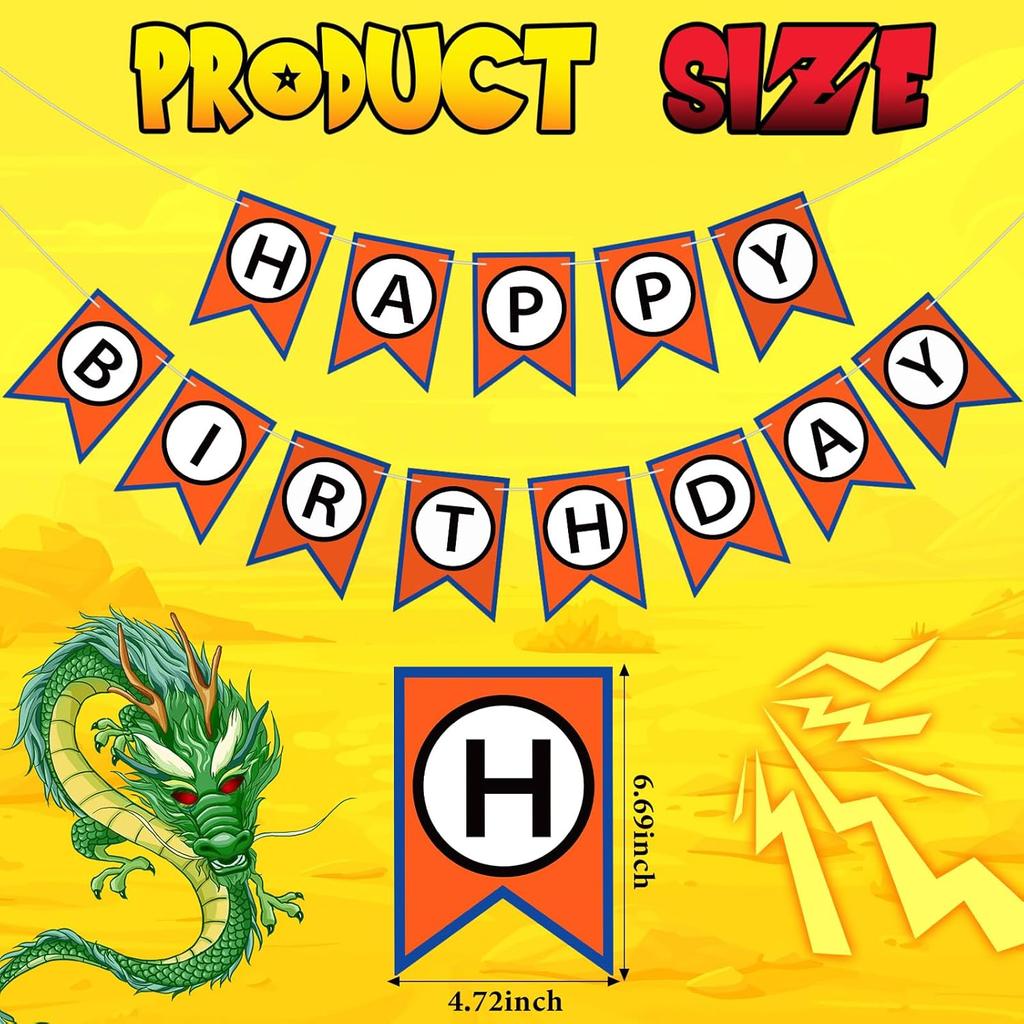 VitalCozy Anime Theme Dragon Happy Birthday Bunting Banner Pre-string with Black Letters Birthday Decoration Banner for Anime Party Supplies