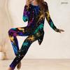Women Plus Size Round Neck Long Sleeve Multicolor Printed Longline Top Fitted Pants Two Piece Set