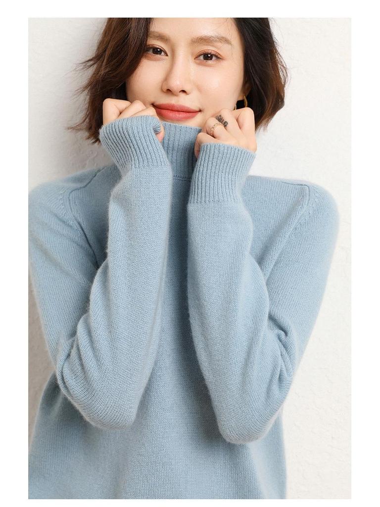 Women's 100% Wool Thickened Saddle Shoulder Sweater – Soft and Warm Half-High Neck Knitwear for Autumn and Winter