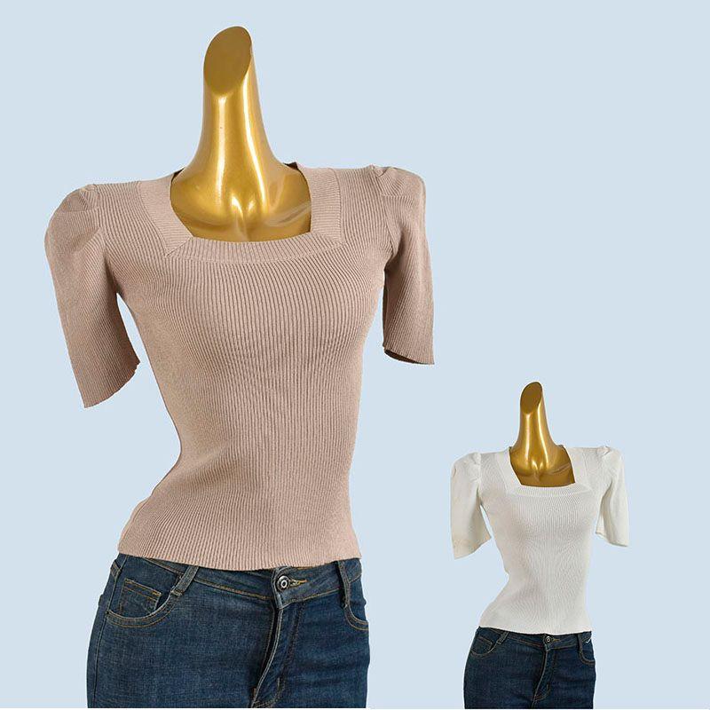 French style Retro Square Collar Puff sleeve Knit Short sleeve Women 2025 Summer Slim fit Slimming Versatile Top