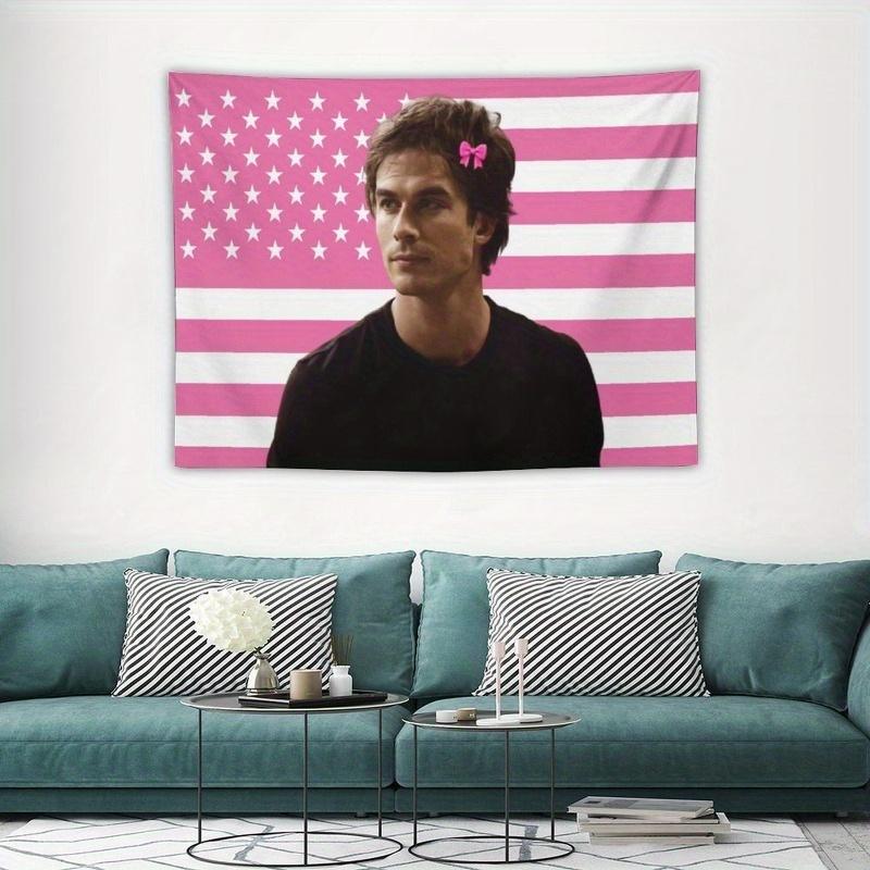 Ian S-Somerhalder Pink Bow American Flag Tapestry Aesthetic Wall Hanging for College Dorm Bedroom Room Decor Funny Fan Gift