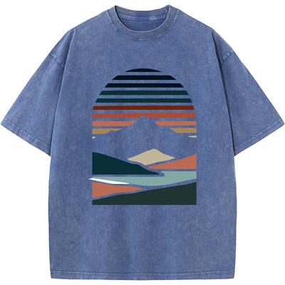 Camiseta Masculina Retrô Geométrica Maca Montanha Pôr do Sol Manga Curta 230g Moda Solta Lavada Algodão Verão Algodão Descolorida