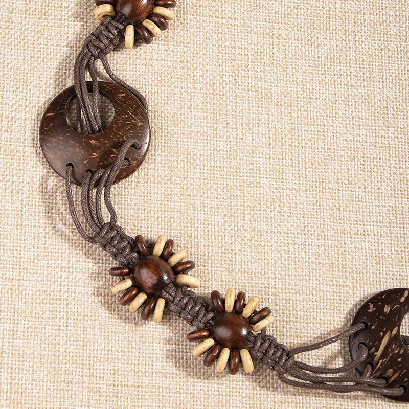 Boho Belt, Coconut Shell, Wood Beads, Hand-woven Natural Vacation Style Wax Rope for Women's Belt, Ethnic Style Waist Rope