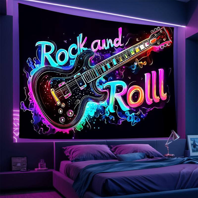 Neon Rock Electric Guitar Tapestry Living Room Sofa Background Music Studio Theme Bar Decoration 100X70CM