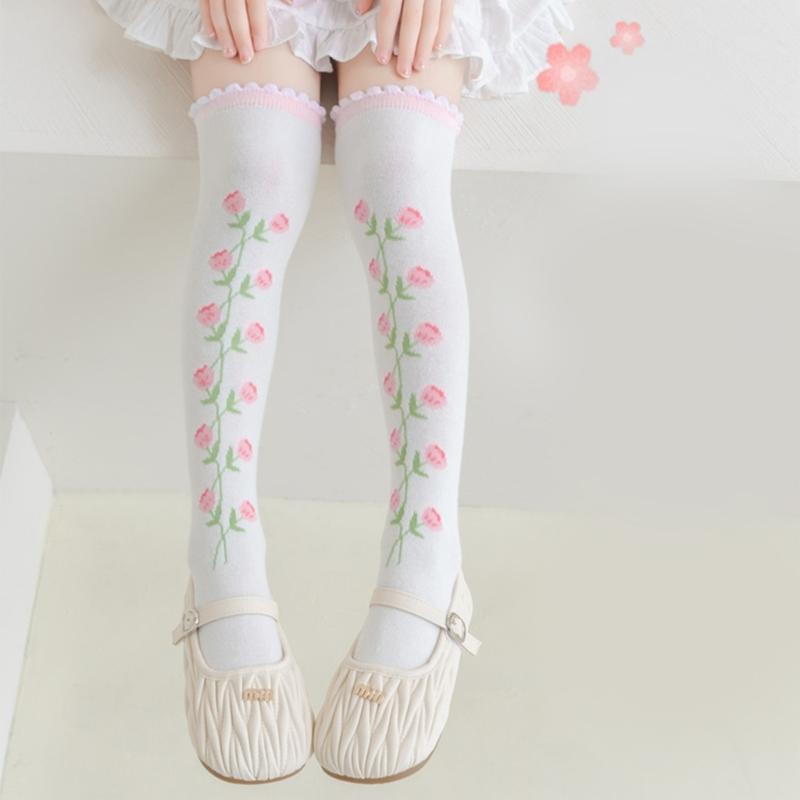 Children's Knee Length Cotton Socks Baby Girls Long Tube Socks Soft Stockings Flower Pattern for School Uniforms