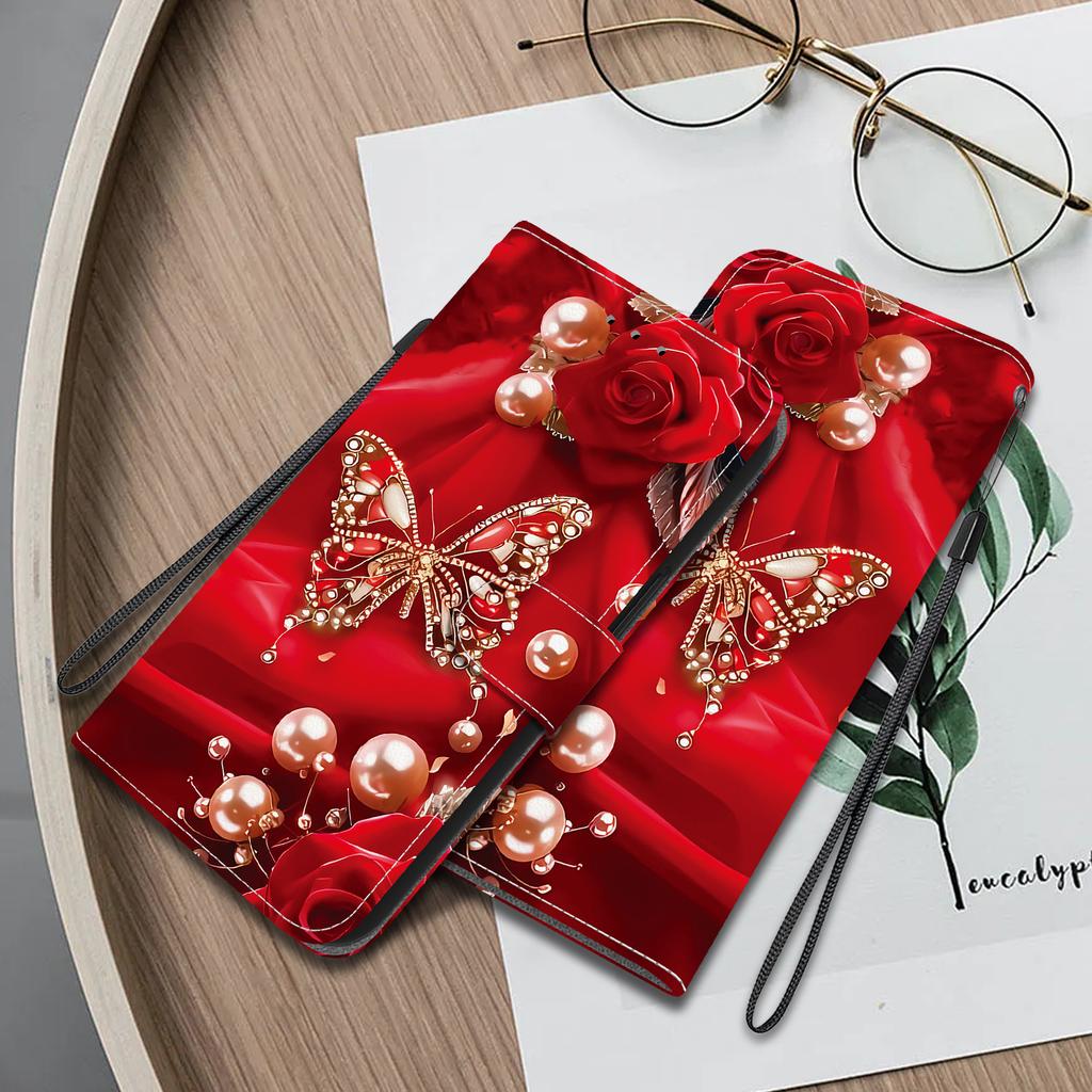 Handgefertigte PU-Leder-Flip-Hülle für Samsung Galaxy A12 5G Rutschfeste Stoßfeste Hülle mit Handschlaufe & Herz/Rose Katze Designs