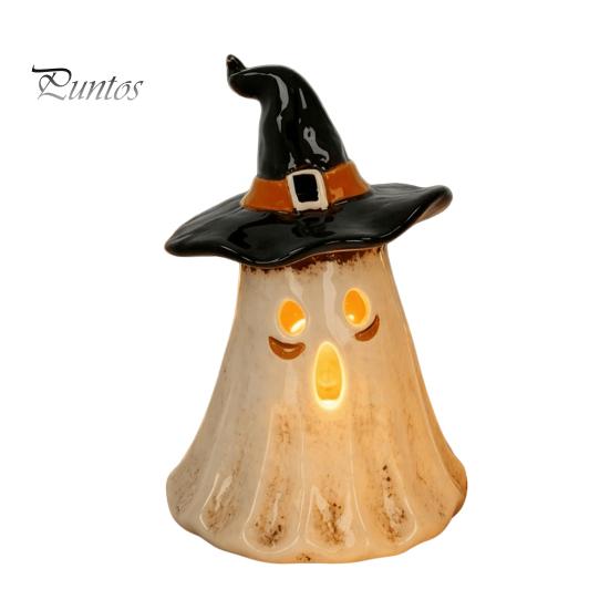 Farmhouse Style Autumn Decor Witch Hat Ghost Tealight Candle Holder, Vintage Resin Halloween Tabletop Rustic Pastoral Theme Ornaments with Warm