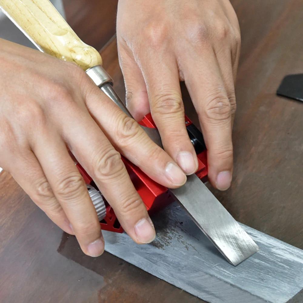 Manueller Messerschärfer, Metallschärfer, Schleifwerkzeuge, Schärfvorrichtung, Winkel einstellbar, geneigte Kanten, Befestigungshalterung für Holzmeißel