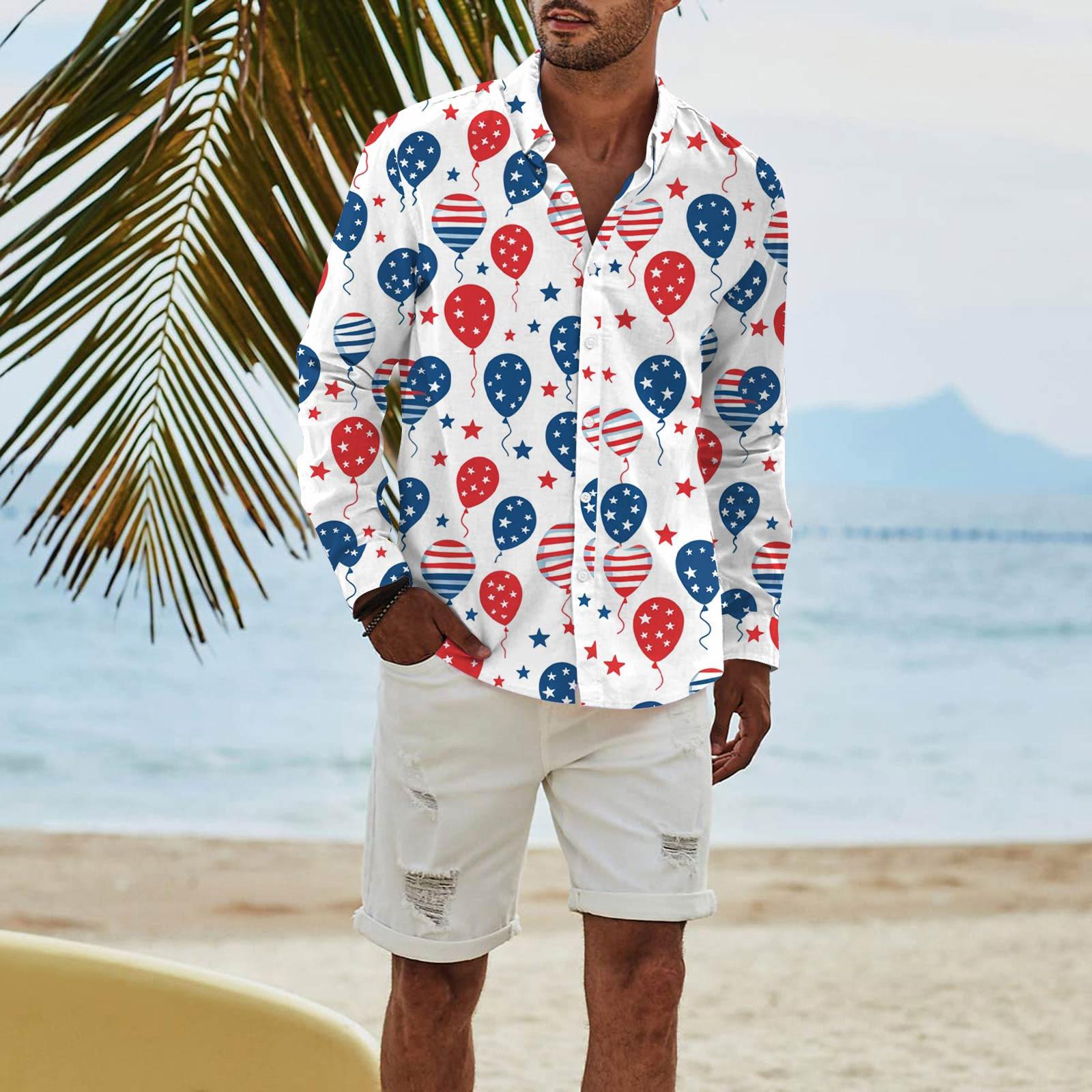 

Чоловіча мода з довгим рукавом День незалежності друковані повсякденні футболки з кнопок регулярного крою сорочки Топ L