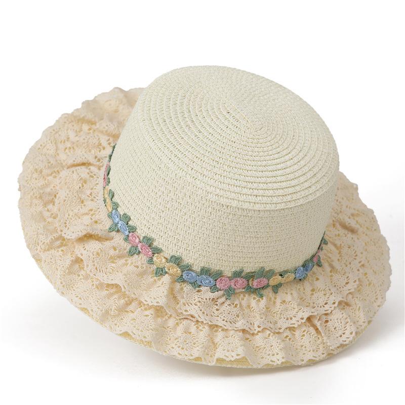 French Lolita Lace Straw Hat Women'S Summer Big Brim Shade Flat Top Top Hat Seaside Beach Shade