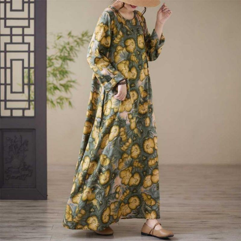Loose Printed Round Neck Long Sleeve Dress Women's Long Dresses