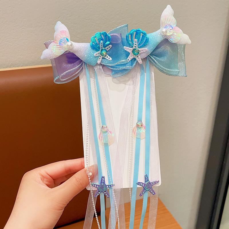 

1 пара Заколка для волос с лентой цвета морской волны и ракушкой, Фиолетовая лента, Заколки для волос для нарядного платья русалки для малышки, Заколка для волос с бантом для девочек, Плетеная заколка для волос с цветком, Аксессуар