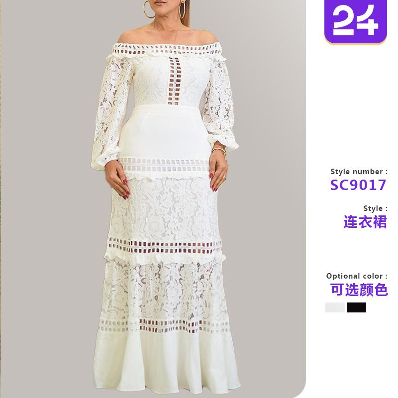 2026 Cross-border Spring and Summer New European and American Women's Lace Dress One-word Shoulder Lotus Leaf Wedding Dress Evening Dress Banquet