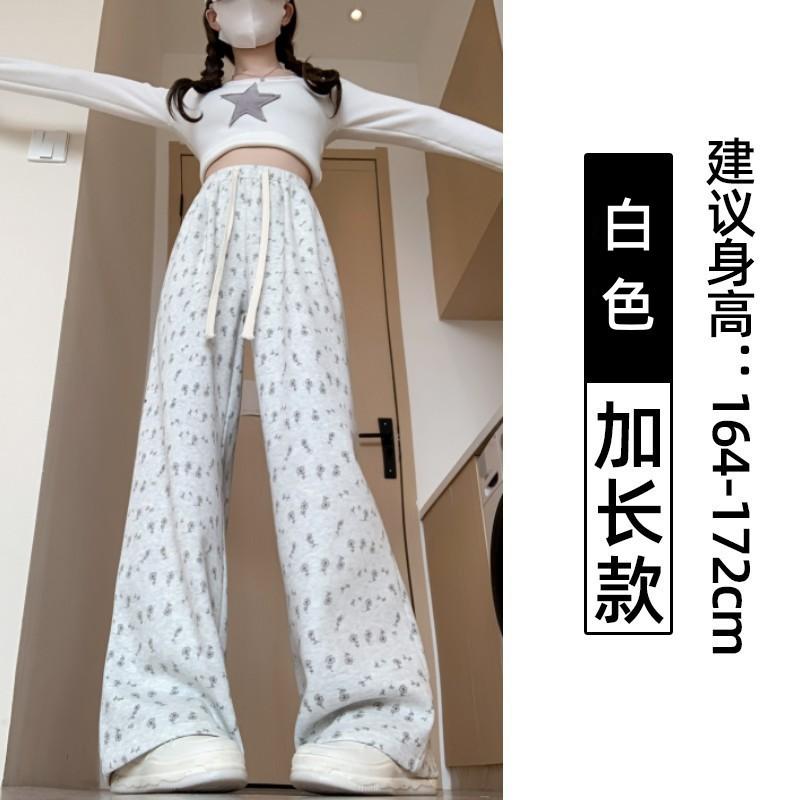 Floral White Lazy Wide-leg Pants Women's Spring and Autumn New Loose Straight Casual Sweatpants Small Sweatpants