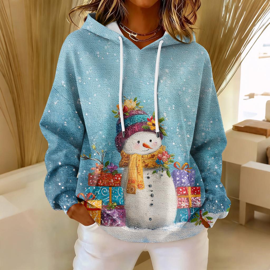 Dámská volná pohodlná ležérní módní mikina s dlouhým rukávem a vánočním potiskem ve výstřihu do V