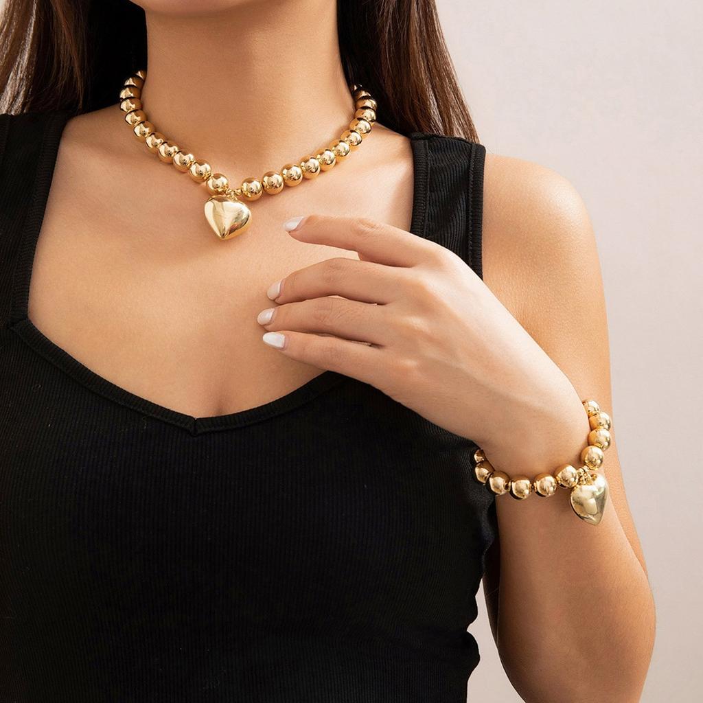 Simple Gold Color Ball Bead Chain Necklace Bracelet Heart Pendant Jewelry Set Elegant Beaded Accessory for Women