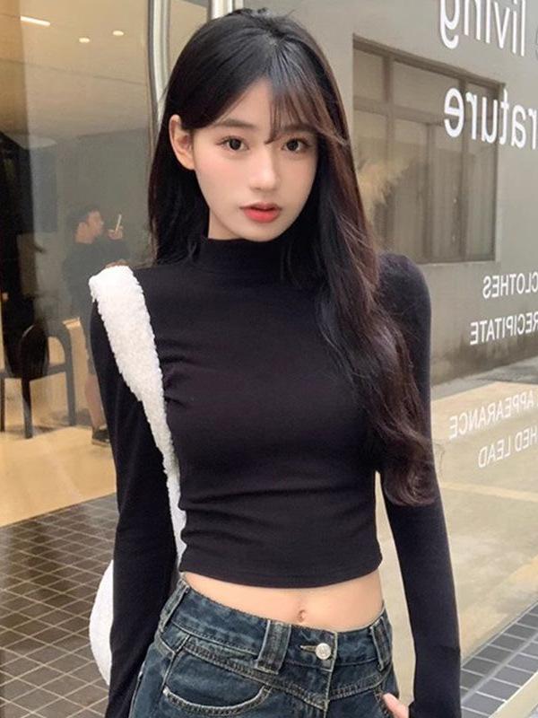 Autumn/Winter Pure Desire Spicy Girl Long-Sleeve Cropped T-shirt: Slimming, Flattering, Versatile Base Layer for Women.