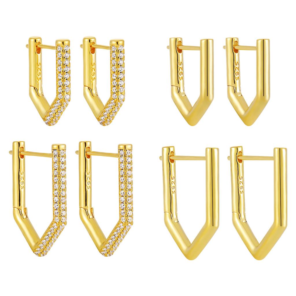 V Shape Fashion Hoop Earrings ,925 Sterling Silver Earring,18k Gold Plated Zirconia Earring for Women