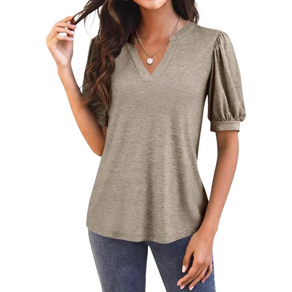 Women's Summer Casual Tops Color V-neck Puff Sleeves Five-quarter Sleeves T-shirt