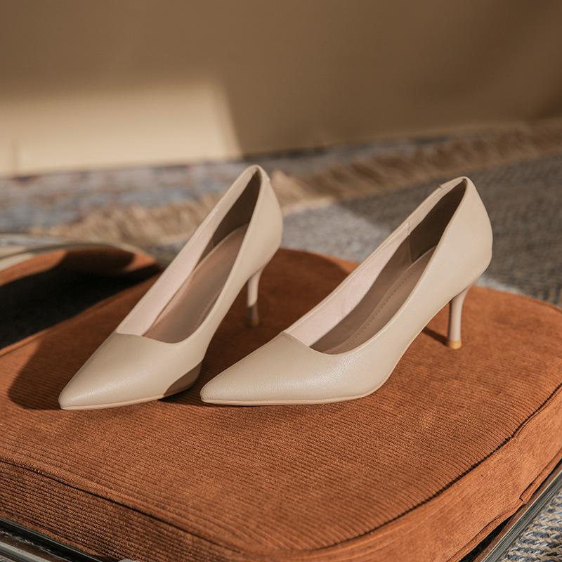 555-8 Nude high heels women's thin heels spring and summer French soft leather pointed temperament professional work shoes