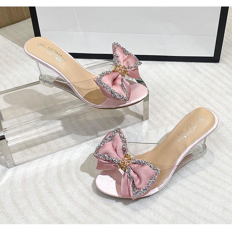 Новые женские летние пикантные прозрачные шлепанцы на высоком каблуке с кристаллами — фото 13