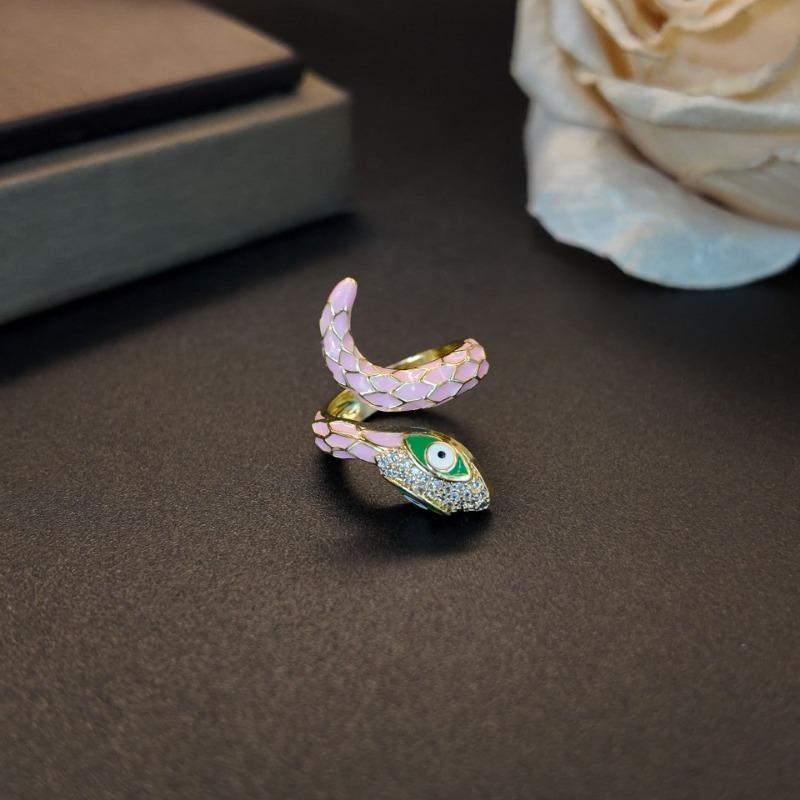 New Arrive Vintage Copper Inlaid Zircon Pink Enamel Relief Coiled Snake Statement Ring  M201