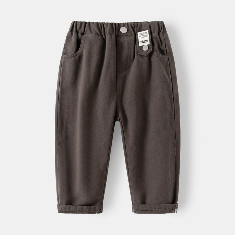 Children's Clothing Spring and Autumn Boys' Casual Pants Kids Solid Color Label Fashion Pants Baby Boys Low-Waist Elastic Waistband Long Pants