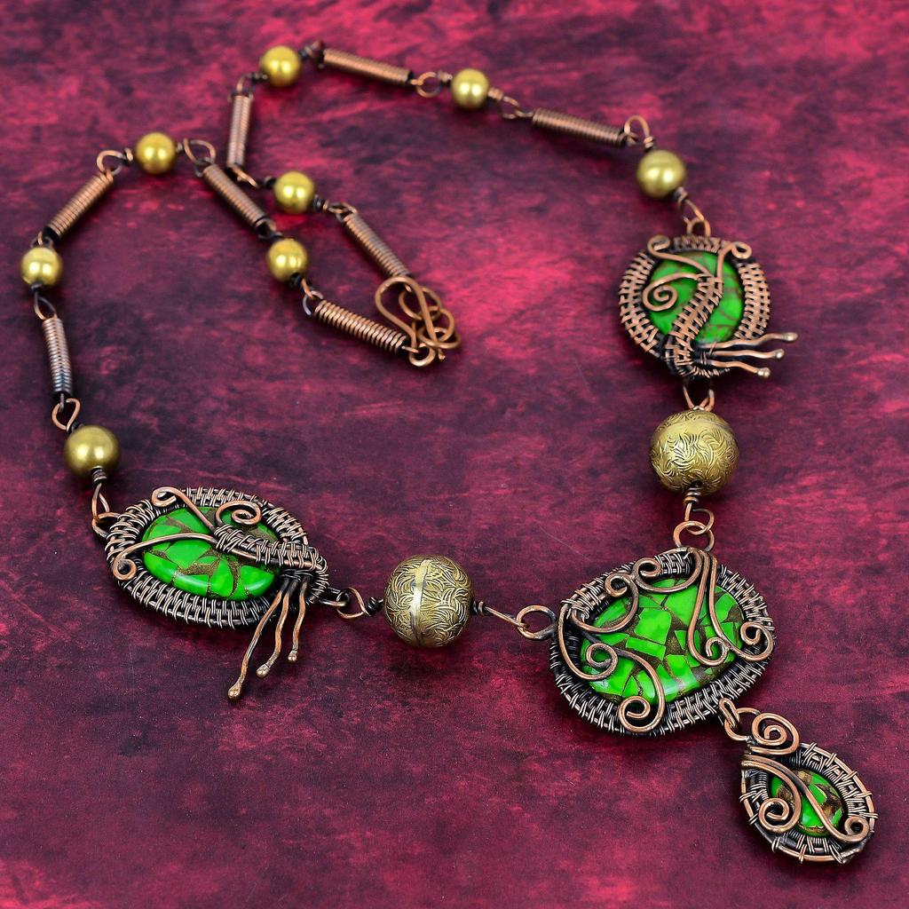 Copper Green Turquoise Gemstone Necklace Copper Wire Wrapped Jewelry Adjustable Chain Necklace