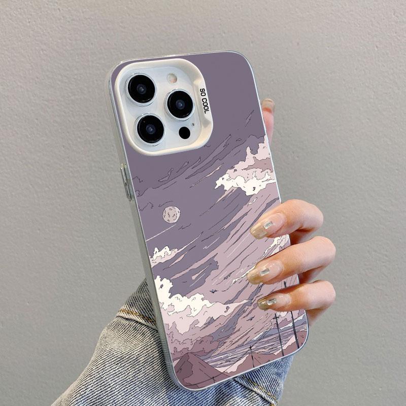 Anime Sky Landscape Art Painting Laser Phone Case For iPhone 12 13 Mini Pro Max 11 14 16 15 Pro Max Plus Shockproof Cover Fundas