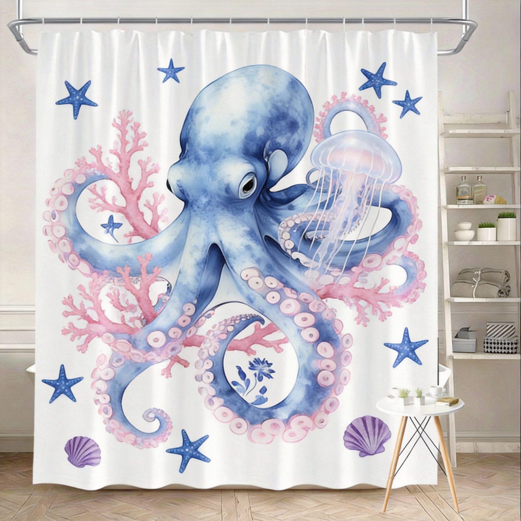 Octopus Shower Curtain Blue and White Porcelain Design, Artistic Ocean Creature Bath Curtain for Modern Bathroom Decor 90X180cm(35x70in)